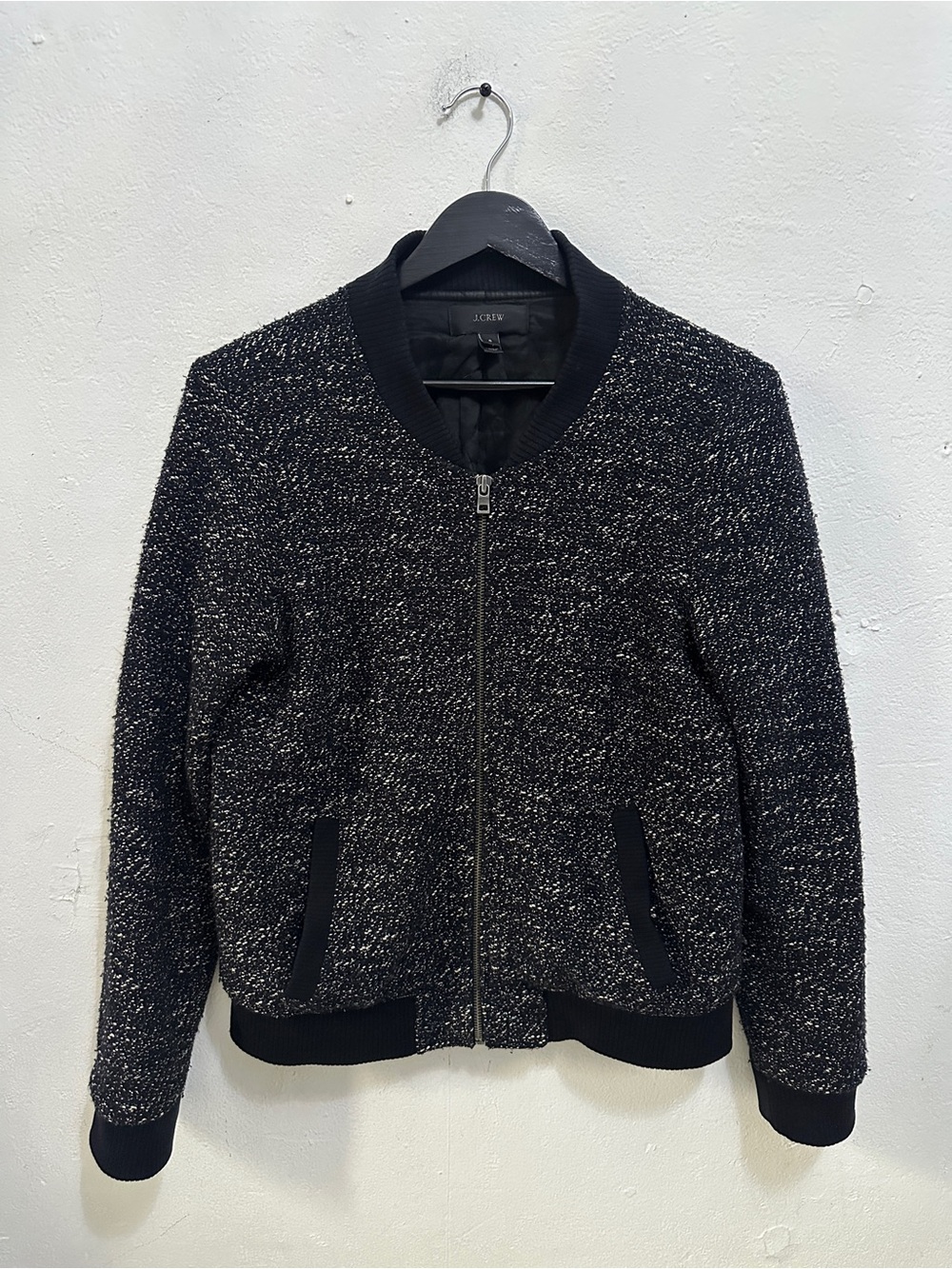 J.Crew Women’s Black Boucle Tweed Bomber Jacket Zip Front Ribbed Trim Size 6